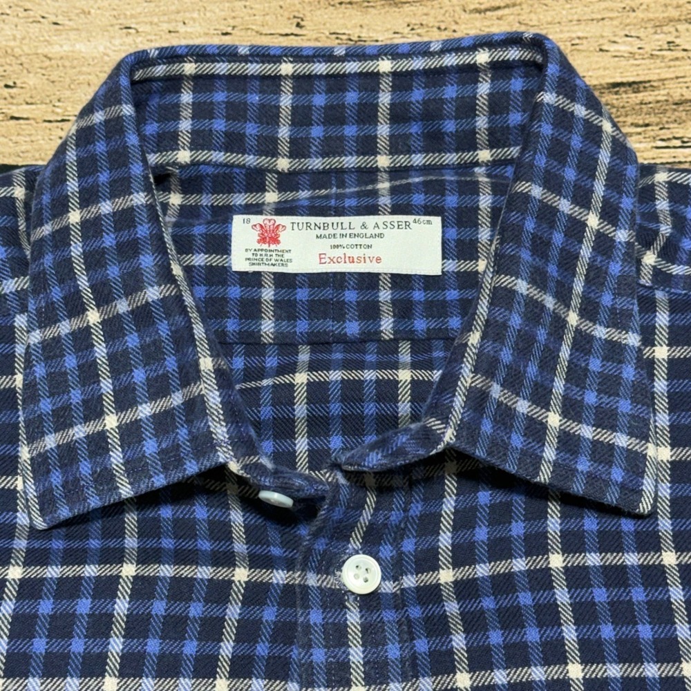 Turnbull & Asser Button Down Shirt Men 18 46cm Blue Check Flannel Made England